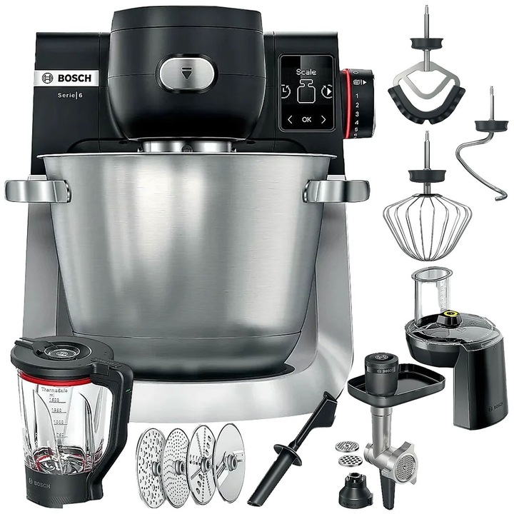 Planetary robot, Bosch, MUMS6ZS34, 5.5 liters, 1600 W, 7 viteze, amestecare planetara 3D, scala integrata, negru si argintiu, set 15 piese, otel inoxidabil, material plastic cu elemente din otel inoxidabil, temporizator integrat, tehnologie inteligenta a