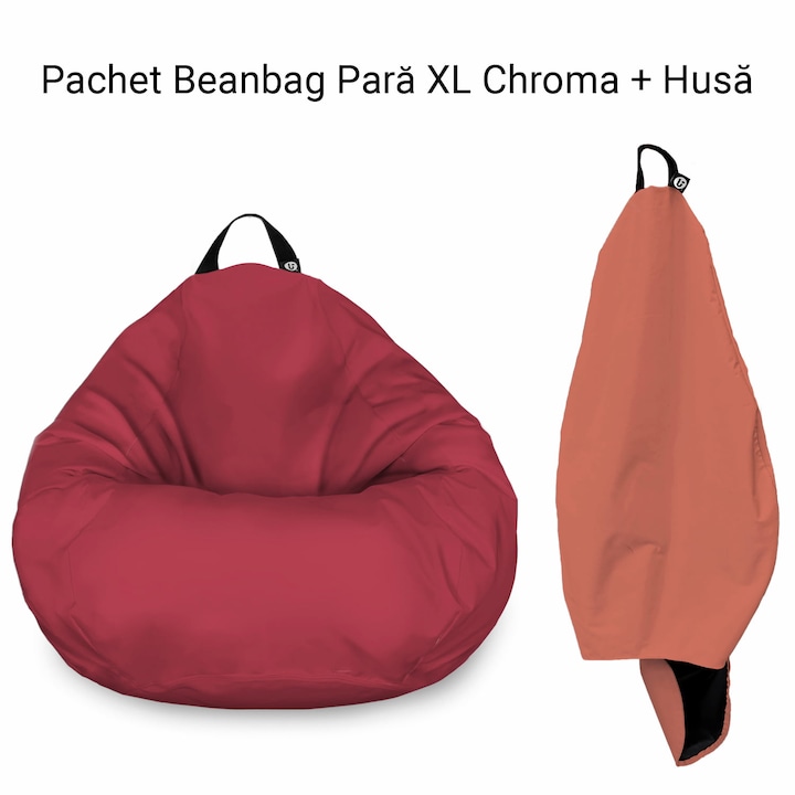Pachet: Fotoliu + Husa Updeco Puf Bean Bag tip para XL Chroma, impermeabil, poate fi folosit outdoor, cusatura dubla, sac interior, cu maner, 90 x 90 x 60 cm, Fotoliu Puf Red + Husa Lava