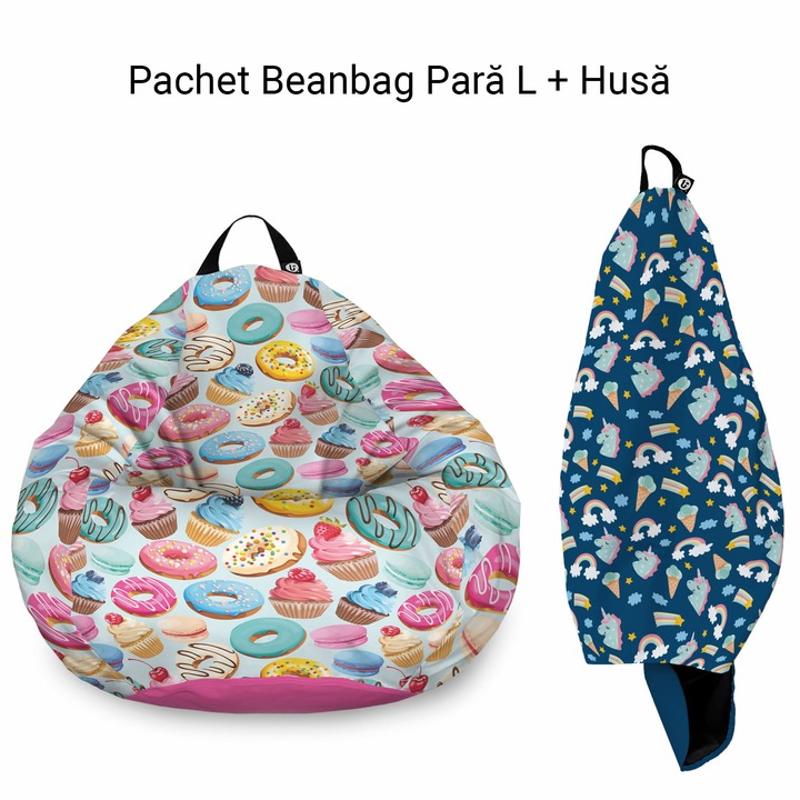 Pachet: Fotoliu + Husa Updeco Puf Bean Bag tip para L, impermeabil, indoor/outdoor, sac interior, cu maner, 80 x 80 x 55 cm, Fotoliu Puf Macarons + Husa Ice Cream and Unicorns