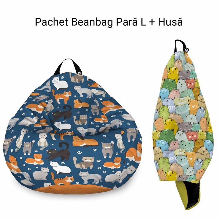 Pachet: Fotoliu + Husa Updeco Puf Bean Bag tip para L, impermeabil, indoor/outdoor, sac interior, cu maner, 80 x 80 x 55 cm, Fotoliu Puf Pisici Fundal Albastru + Husa Invazia Pisicilor Ocru