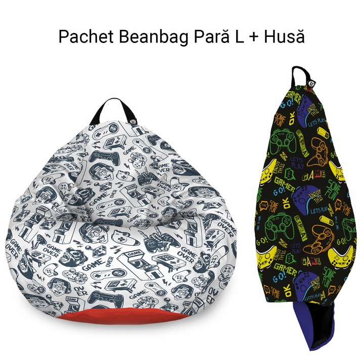 Pachet: Fotoliu + Husa Updeco Puf Bean Bag tip para L, impermeabil, indoor/outdoor, sac interior, cu maner, 80 x 80 x 55 cm, Fotoliu Puf Game Over + Husa Let's Play