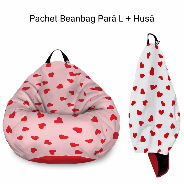 Pachet: Fotoliu + Husa Updeco Puf Bean Bag tip para L, impermeabil, indoor/outdoor, sac interior, cu maner, 80 x 80 x 55 cm, Fotoliu Puf Inimi Fundal Roz + Husa Inimi Fundal Alb