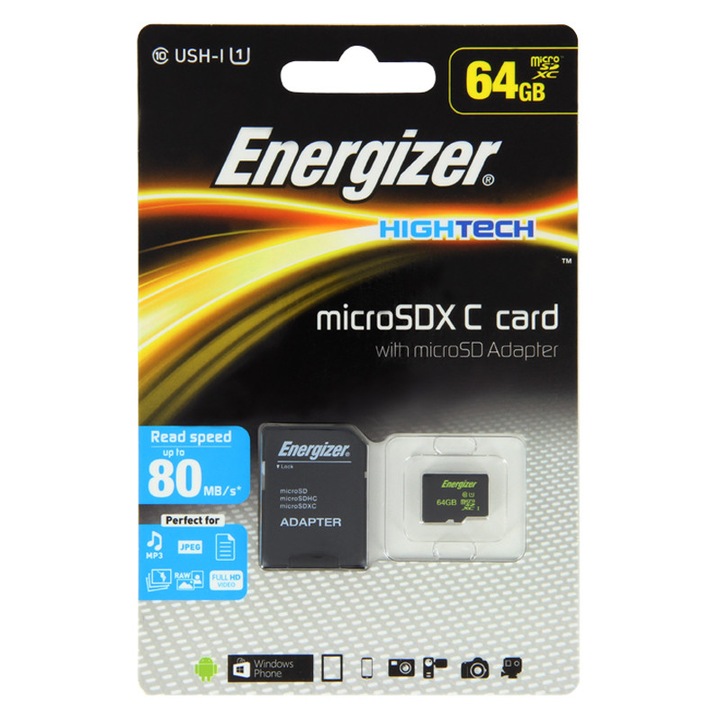 Карта памет ENERGIZER MicroSDXC HighTech, 64GB, USH-I 1, Class 10 + Адаптер