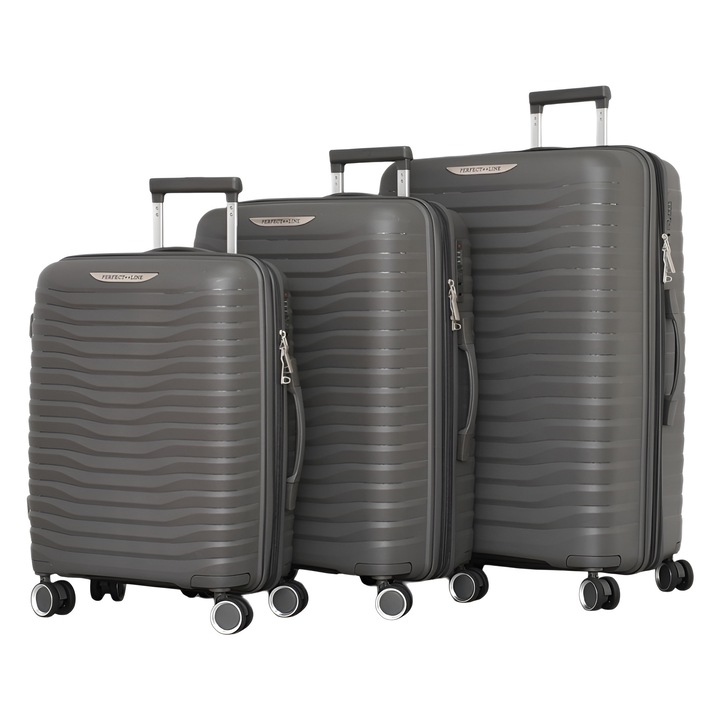 PERFECT++LINE PP 1616 bőrönd szett, bővíthető, 76/50/30 cm, sötétszürke, 3 darabos