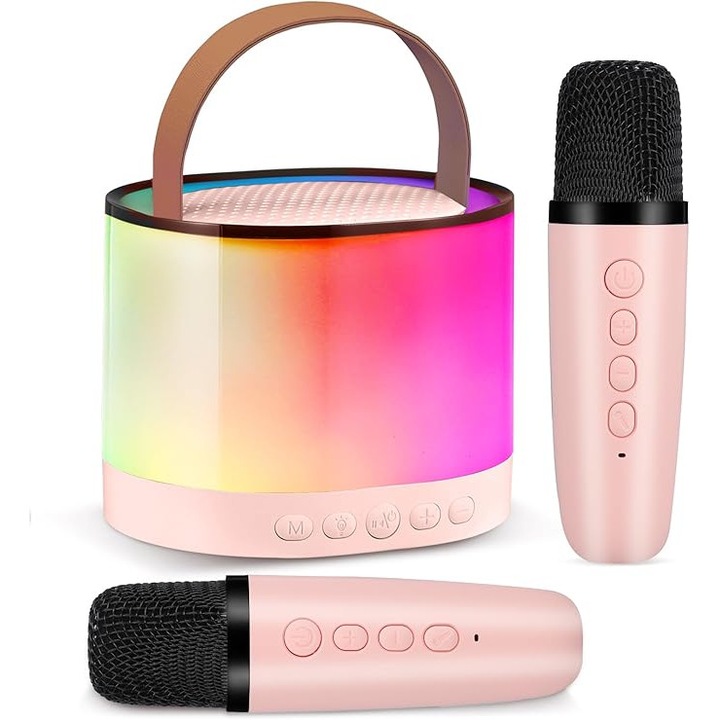 Microfon karaoke Onix, dinamic, roz, wireless, cu boxa portabila, 1500mAh