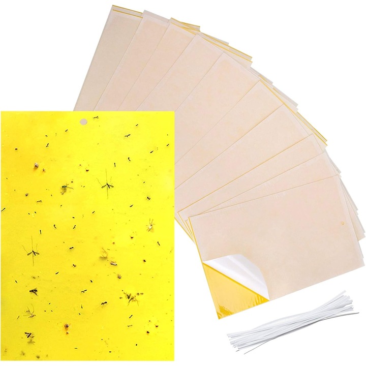 Placi adezive capcana (capcane lipicioase) 6 x 8 inch (15 x 20 cm) pentru insecte zburatoare, cu twist ties incluse, eco-friendly, fara miros, pentru afide, aleurode, muste fungice si minatori de frunze, Galben, 30 buc