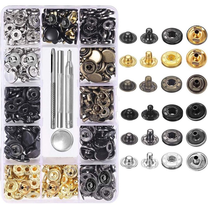Set 120 capse metalice multicolor cu 4 unelte fixare pentru haine piele 2 dimensiuni