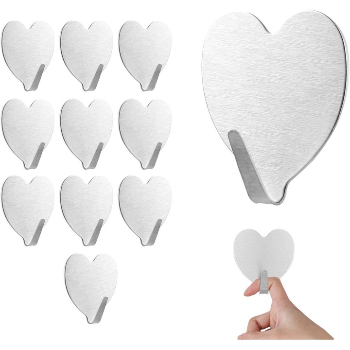 Rozsdamentes acél öntapadós kampók, Enforose, készlet, szív alakú design, konyhai és fürdőszobai rendszerezéshez