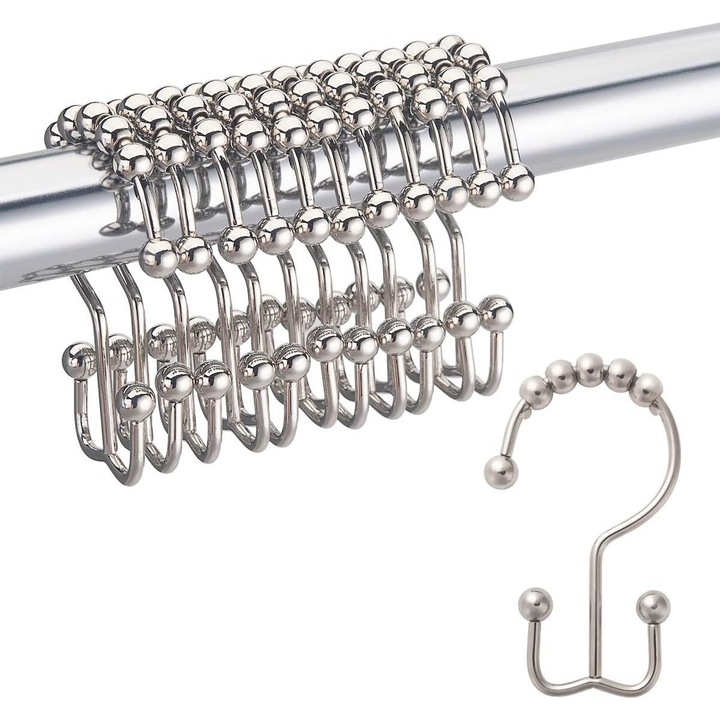 Carlige pentru perdea de dus ZYBLSSBB model LSM2XH11886-YBY006-2, metal cu role duble si bile rulante, rezistente la rugina, nichel, set 12