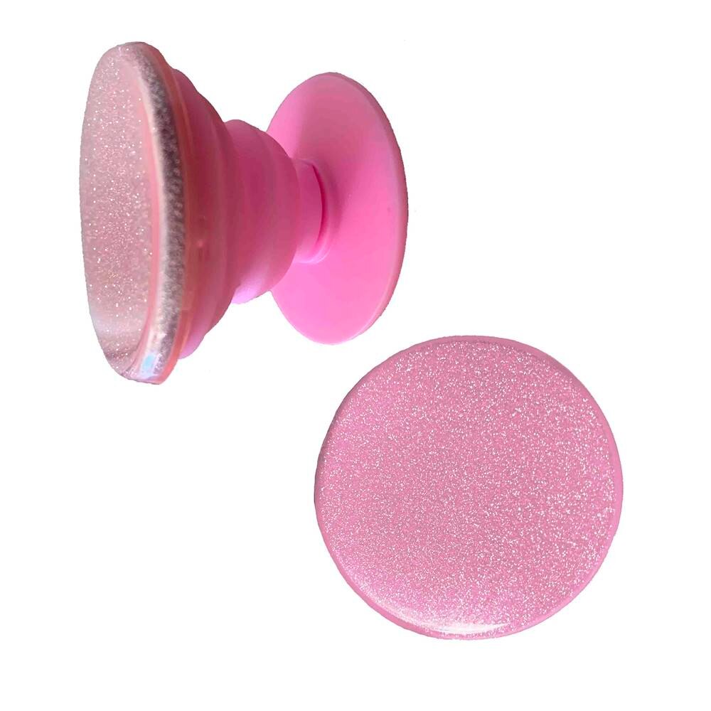 Suport Adeziv tip Stand Extensibil universal, de birou, pentru spate telefon, tip acordeon, Rotund, sclipici glitter, Pink