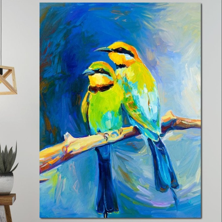 Премиум картина върху платно, LuxCanva® M1037, Нежност в хладни тонове, 100 X 135 CM, 100% памучно платно 400g/m2, дървена рамка, кобалтово, синьо, птици, двойка, акварел, картина, клон, контраст, офис, хол, детска стая