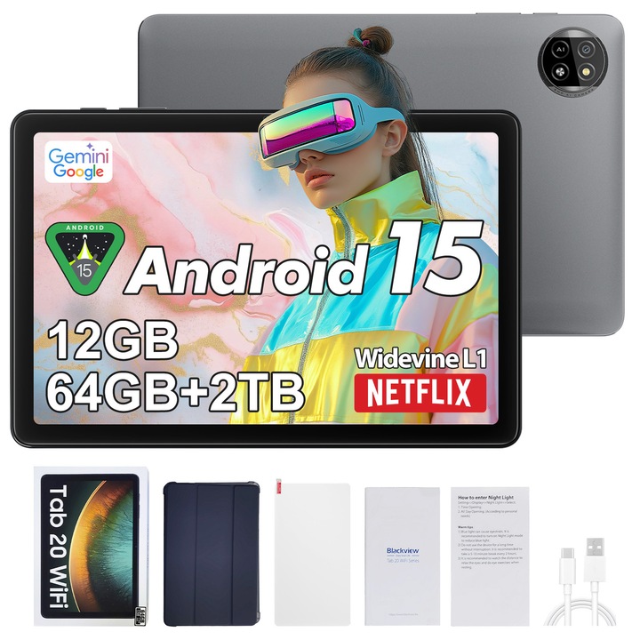 Tableta Blackview TAB 20 WIFI, 10.1"HD+IPS Ecran, Gemini Al 2.0, Android 15, 12GB+64GB(TF 2TB), 5G WIFI, Octa-Core, 6600mAh, 8+5MP/BT 5.0/GPS, Gri