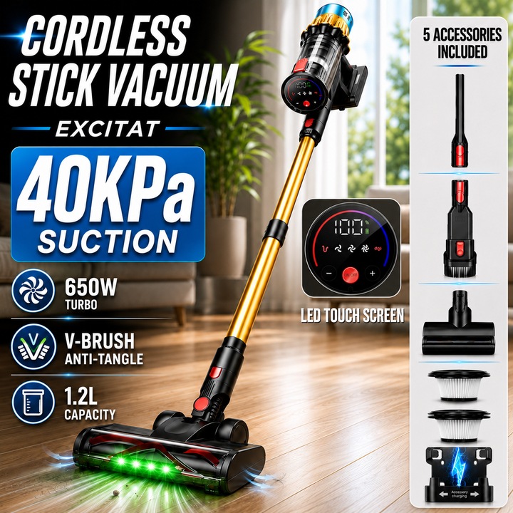 Aspirator vertical fara fir, Excitat®, 29.6V, functie Turbo, 650W, 40Kpa, sistem filtrare ciclonic, Cu ecran tactil LED, rezervor praf 1.2 l, LED Anti-incurcare Cap de Perie in V, Incarcare Montata pe Perete, cu cinci accesorii, filtru HEPA, Galben