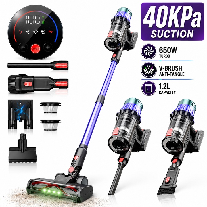 Aspirator vertical fara fir, V22, Excitat®, 29.6V, 650W, 40Kpa, Cu ecran tactil LED, putere de aspirare mare, functie Turbo, rezervor praf 1.2 l, filtru HEPA, LED Anti-incurcare Cap de Perie in V, Incarcare Montata pe Perete, Violet