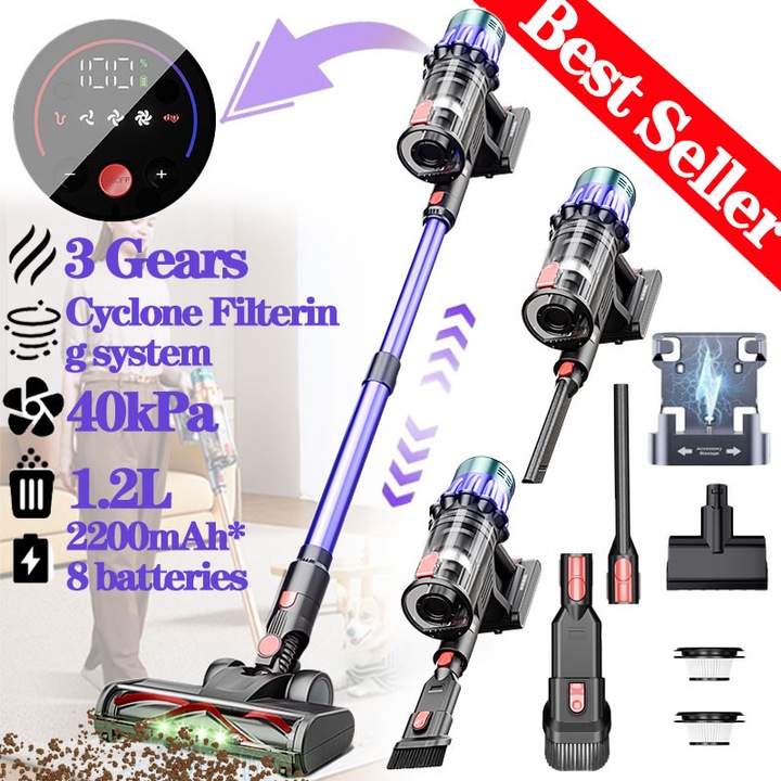 Aspirator vertical fara fir, V22, Excitat®, 29.6V, 650W, sistem filtrare ciclonic, 40Kpa, Cu ecran tactil LED, autonomie pana la 65 min, putere de aspirare mare, functie Turbo, rezervor praf 1.2 l, filtru HEPA, cu cinci accesorii, Violet/negru