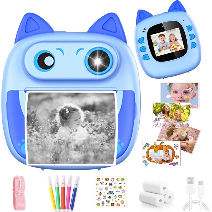 Azonnali fényképezőgép gyerekeknek, Gyerekkamera nyomtatási funkcióval, 1500mAh, 1080P videó, 2 hüvelykes képernyő, 4X digitális zoomos kamera, Születésnapi ajándék gyerekeknek, Játék, Kék