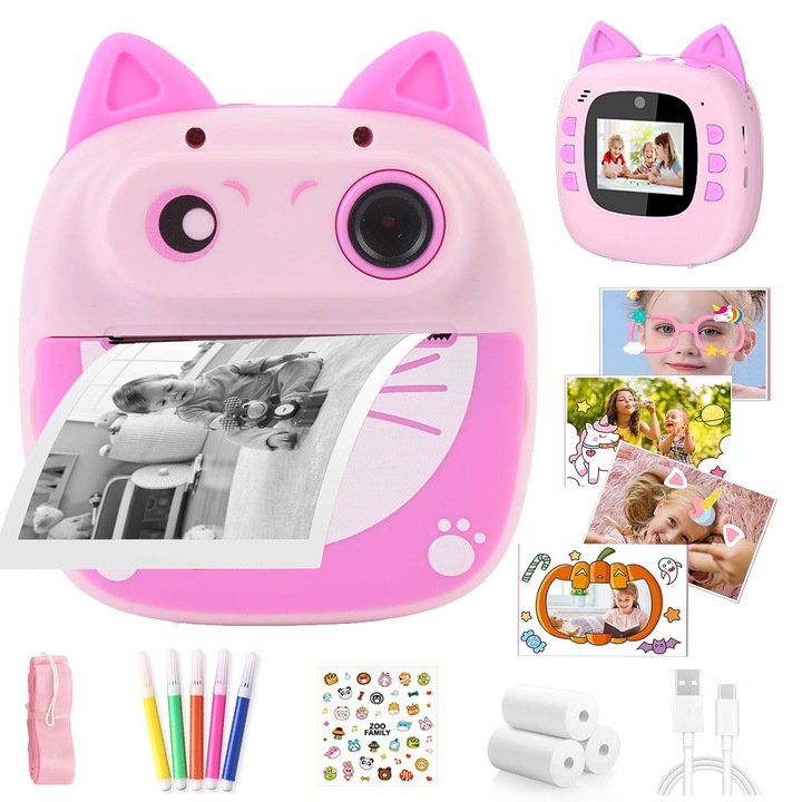 Детски фотоапарат за моментално снимане, С функция за печат, 1500mAH, 1080P видео, 2-инчов екран, 4X цифрово увеличение, Подарък за рожден ден за деца, Играчка, Розов