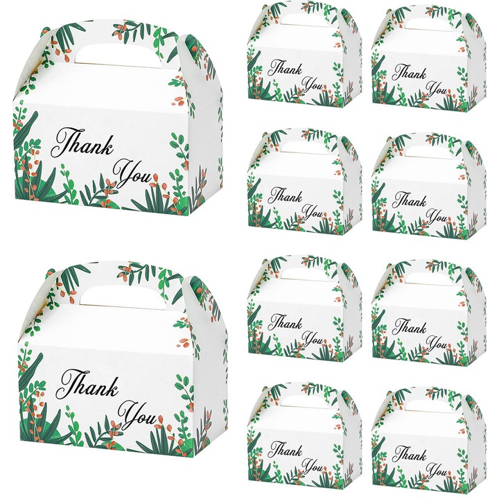 Set 10 bucati, cutie din carton, pentru tort bomboane prajituri, de thank you cu imprimeu, 15.8x15x9.2cm