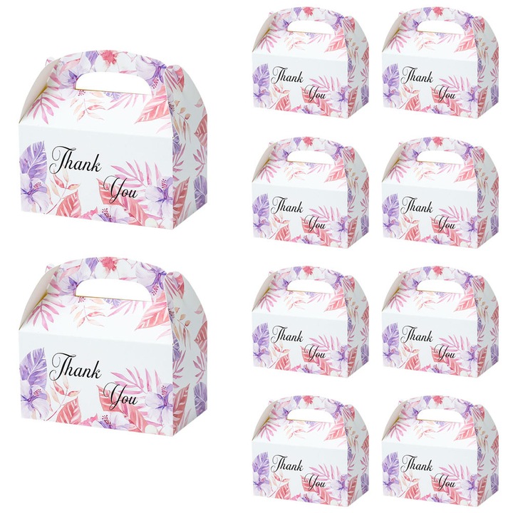 Set 10 bucati, cutie din carton, pentru tort bomboane prajituri, de thank you cu imprimeu, 15.8x15x9.2cm