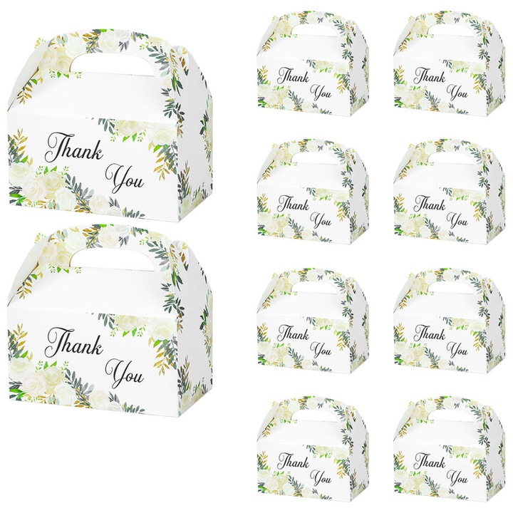 Set 10 bucati, cutie din carton, pentru tort bomboane prajituri, de thank you cu imprimeu, 15.8x15x9.2cm