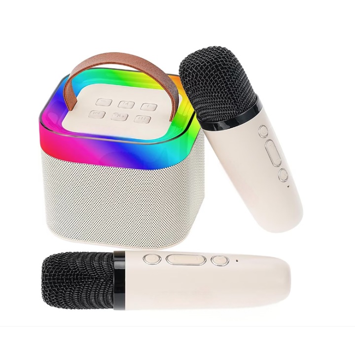 Set Boxa Bluetooth 5.3 Karaoke Cu 2 Microfoane Wireless, Pentru Adulti si Copii, Pentru Petreceri Si Spectacole, Sunet Stereo 3D 6W, 4 Efecte Vocale, Type-C, Aux, Crem