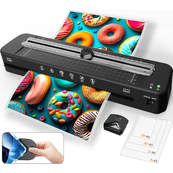 Laminator A3, Valuxor®, mod cald si rece, ABS, 355 mm/fmin, 2 minute de incalzire rapida, Preveniti infundarea cu un clic, cu 50 de placi de laminat, pentru A3/A4/A5/A6, grosime 80~125mic, potrivita pentru acasa, scoala si birou, Negru