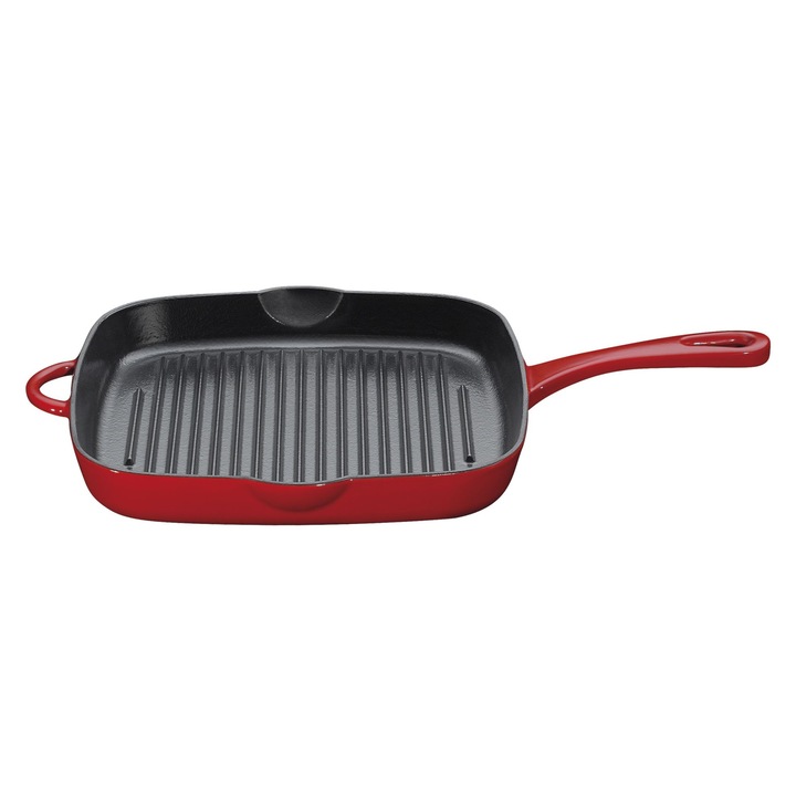Tigaie grill KUCHENPROFI, PROVENCE, Fonta, Emailata, Rosu, 26x26x3, 5cm