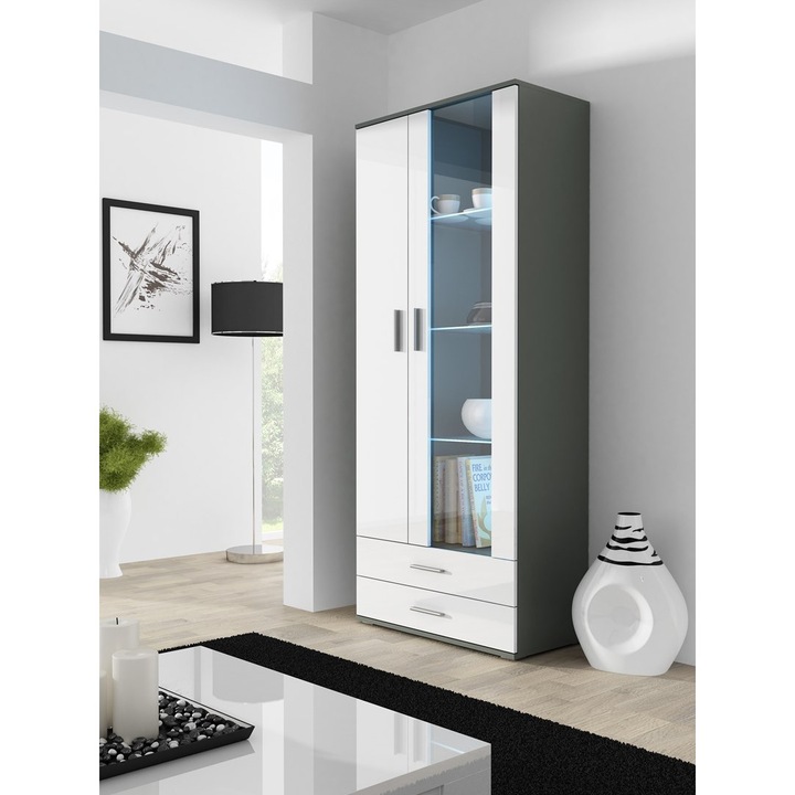 Witryna SOHO S6 2D2S, Cama MEBLE, gri/alb lucios, mobilier living