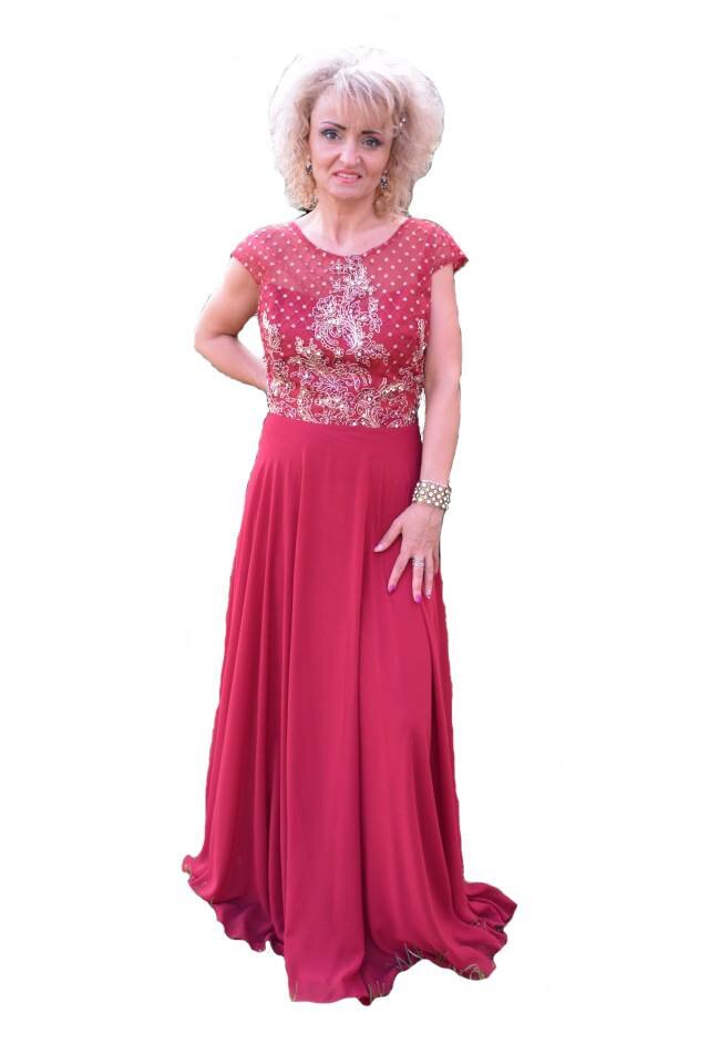 Rochie lunga din voal si broderie aurie cu margele si paiete,D&J Exclusive, Marsala