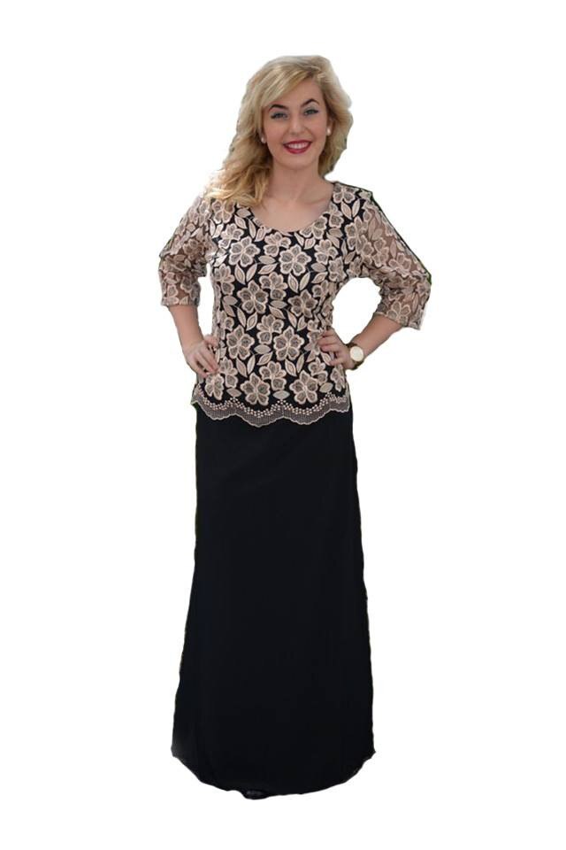 Rochie eleganta, lunga, cu partea de sus din broderie florala,D&J Exclusive, Negru, 48