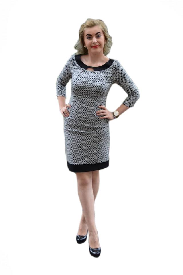 Rochie office, din jerse usor cambrata,D&J Exclusive, Negru / Alb