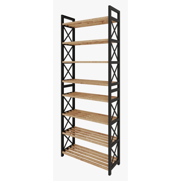 Етежерка с 8 просторни рафта, дърво и здрава пластмаса, 126 x 18 x 46 cm