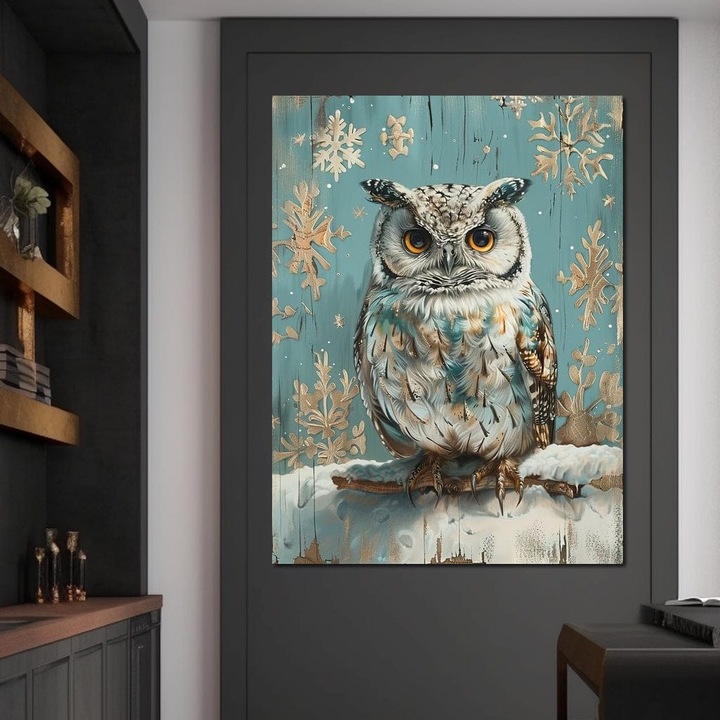 Премиум картина върху платно, LuxCanva® M1055, Зимен страж, 100 X 135 CM, 100% памучно платно 400g/m2, дървена рамка, бухал, зима, сняг, люспи, птица, клон, рустик, мъдрост, студ, офис, хол, детска стая