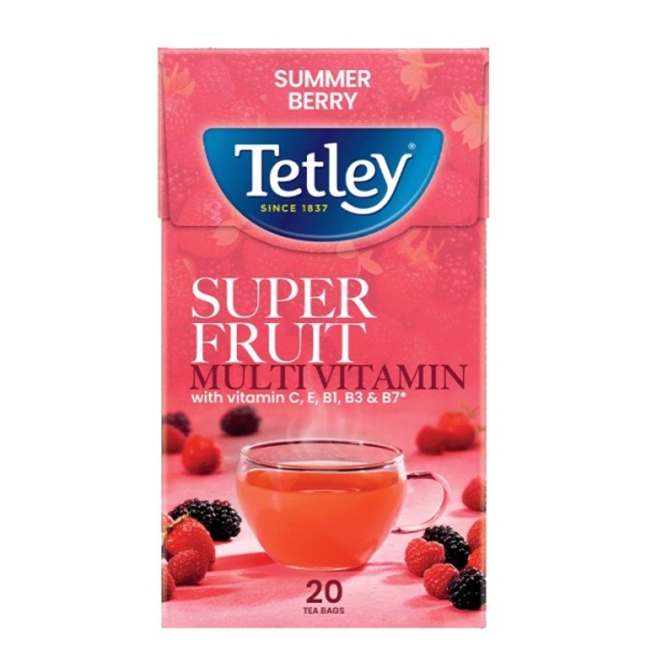 Ceai Tetley Super Fruits Multivitamin cu fructe de padure de vara, 20 plicuri x 2g, cu vitamine C, E, B1, B3, B7