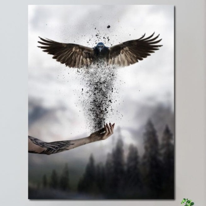 Tablou Canvas Premium, LuxCanva® M1044, Zbor din Cenusa, 100 X 135 CM, Panza Bumbac 100% 400g/m2, Sasiu Lemn, Zbor, Vultur, Pasare, Mana, Tatuaj, Cenusa, Aripi, Praf, Renastere, Magie, Birou, Living, Camera Copil