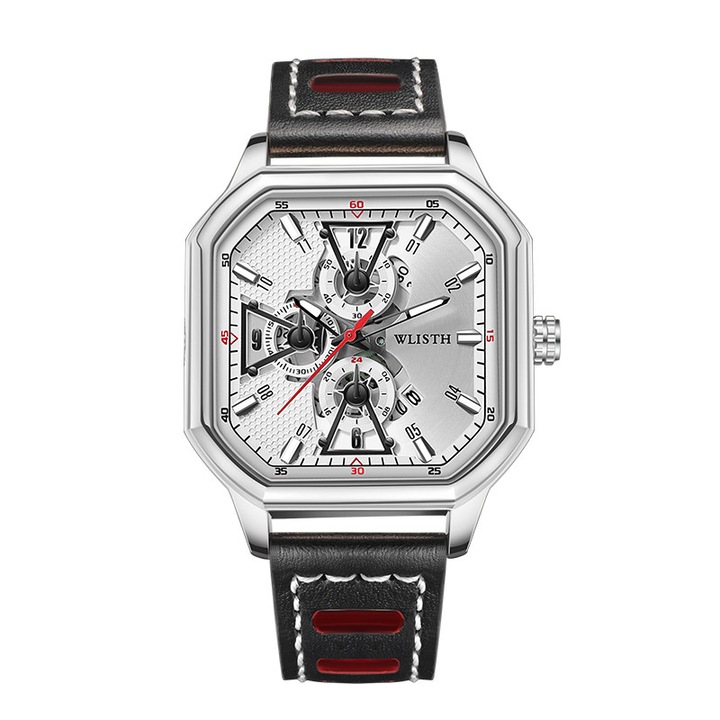 Мъжки часовник, WLISTH, кварцов, водоустойчив, кожена каишка, корпус от розово злато, сребрист циферблат, 42 мм