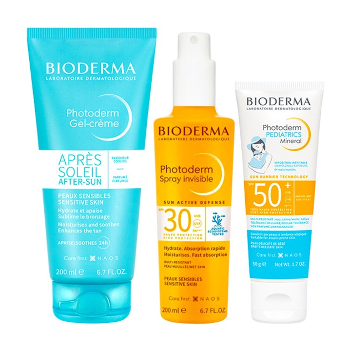 Pachet Family Bioderma Photoderm – Spray SPF 30 200 ml, Crema dupa plaja 200 ml, Crema minerala copii SPF 50+, 50 g