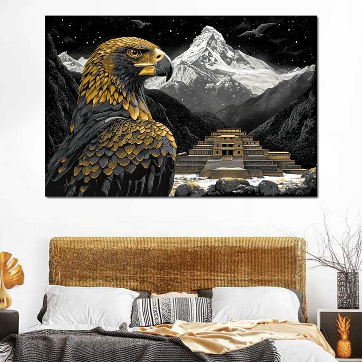 Tablou Canvas Premium, LuxCanva® M1058, Gardianul Templului, 60 X 90 CM, Panza Bumbac 100% 400g/m2, Sasiu Lemn, Vultur, Munte, Templu, Sacru, Auriu, Pasare, Ancestral, Aztec, Mit, Birou, Living, Camera Copil