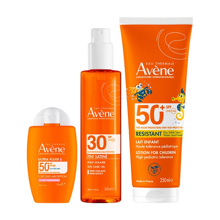 Pachet Avène – Fluid protectie solara fata Ultra Radiance SPF 50+, 50 ml + Ulei satinat protectie solara SPF 30, 200 ml + Lotiune protectie solara copii SPF 50+, 250 ml