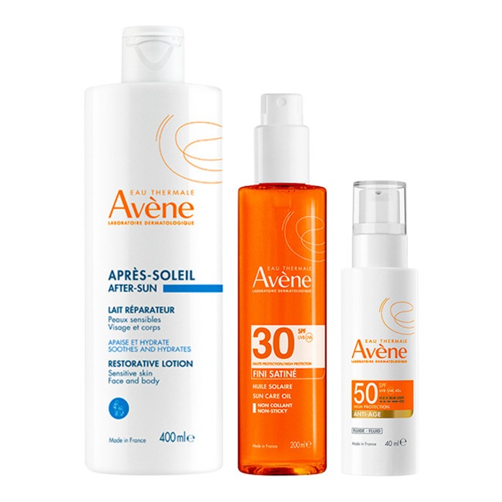 Pachet Avene – Ulei protectie solara satinat SPF 30 200 ml + Fluid anti-imbatranire SPF 50+, 40 ml + Lotiune dupa plaja, 400 ml