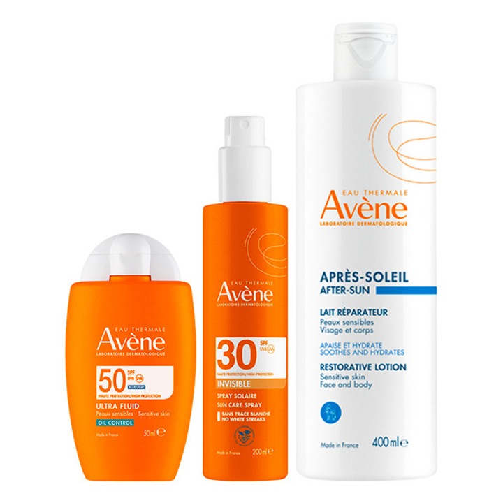 Pachet Avene – Fluid protectie solara fata SPF 50+ 50 ml + Spray invizibil SPF 30, 200 ml + Lotiune dupa plaja, 400 ml