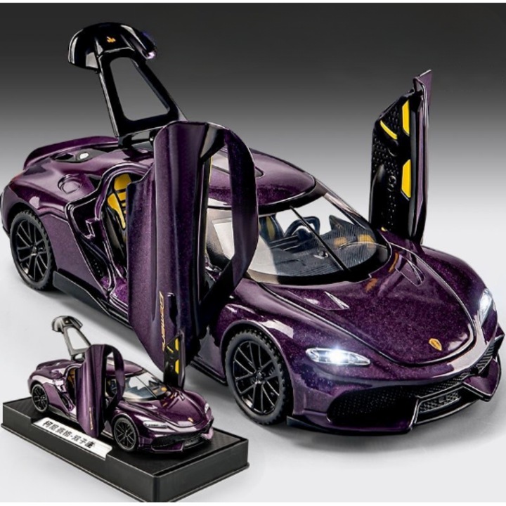 Koenigsegg Gemera fém modellautó - fémből készült, hangokkal és fényekkel, mozgó elemekkel, 15 cm - lila