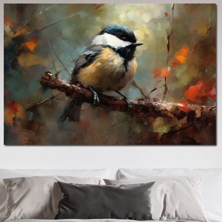 Tablou Canvas Premium, LuxCanva® M1046, Toamna pe Crenguta, 100 X 150 CM, Panza Bumbac 100% 400g/m2, Sasiu Lemn, Pitigoi, Ramura, Toamna, Anotimp, Pasare, Relaxare, Padure, Liniste, Frunze, Birou, Living, Camera Copil