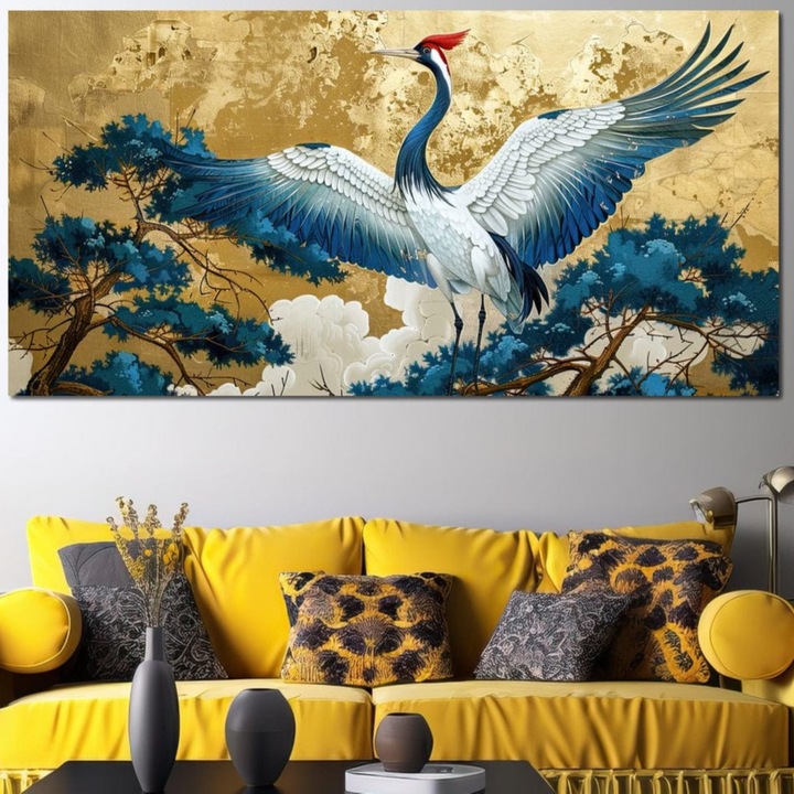 Tablou Canvas Premium, LuxCanva® M1059, Domnia Penei de Safir, 70 X 140 CM, Panza Bumbac 100% 400g/m2, Sasiu Lemn, Cocor, Pasare, Safir, Oriental, Asiatic, Nobil, Mistic, Regal, Aripi, Padure, Birou, Living, Camera Copil