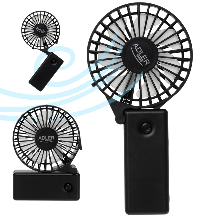 Hordozható összecsukható ventilátor szett, felhasználói kézikönyv, Adler, Ad 7336, tápegység, 2xAA, nem tartozék, csendes működés, 46,2 dB, természetes szellőhatás, anyag, ABS + PP, fekete