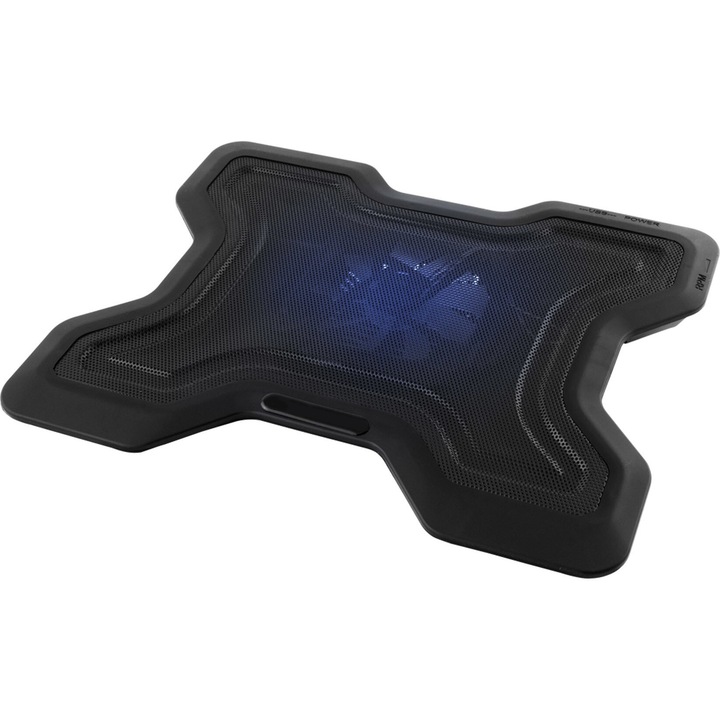 Cooler Laptop tip Cooling Pad, 1 ventilator, lumina blue, 1x usb output, 1x alimentare usb, 15.6", Negru