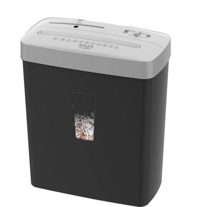 Iratmegsemmisítő készlet, Felhasználói kézikönyv, Tápkábel, Adler, Ad1037S, Teljesítmény, 200 W, Biztonsági szint, P-4, Csendes működés, 69 dB, Kosárkapacitás, 13 liter, Ezüst