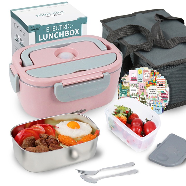Cutie alimentara electrica 3 in 1 SWJOYOL, 1.5L, roz, 23x16x10cm, 80w, cu furculita, lingura si cabluri de alimentare