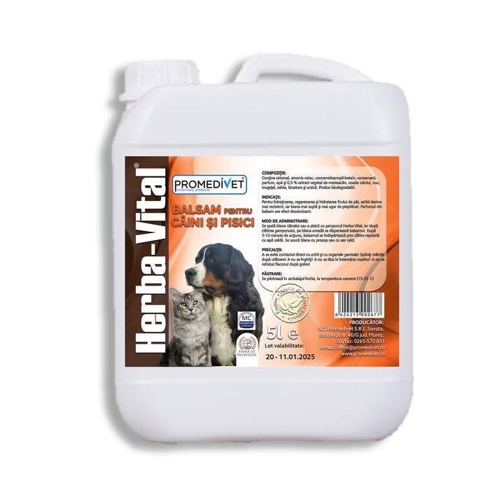 Balsam Herba Vital 5 l cu substante naturale si extract de plante special HERBA-VITAL, creat pentru intretinerea si igienizarea blanii la Caini si Pisici. Datorita continutului de extracte de plante medicinale, intretine blana animalului