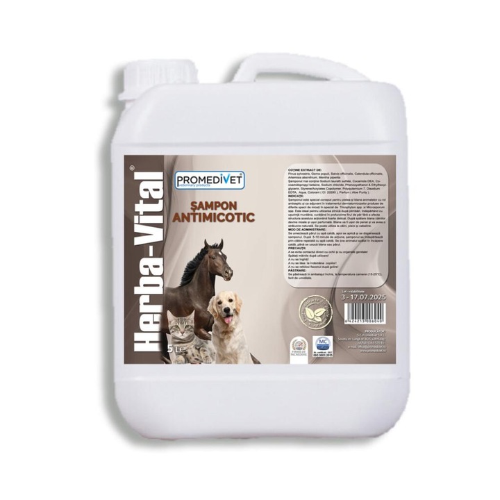 Sampon Herba-Vital Antimicotic 5 l Cu Plante Medicinale si Ingredinete Naturale pentru Caini si Pisici cu rol antiseptic si ca adjuvant in tratamentul dermatomicozelor produse de diferite specii de miceti in special Tricophyton sp. si Microsporum spp